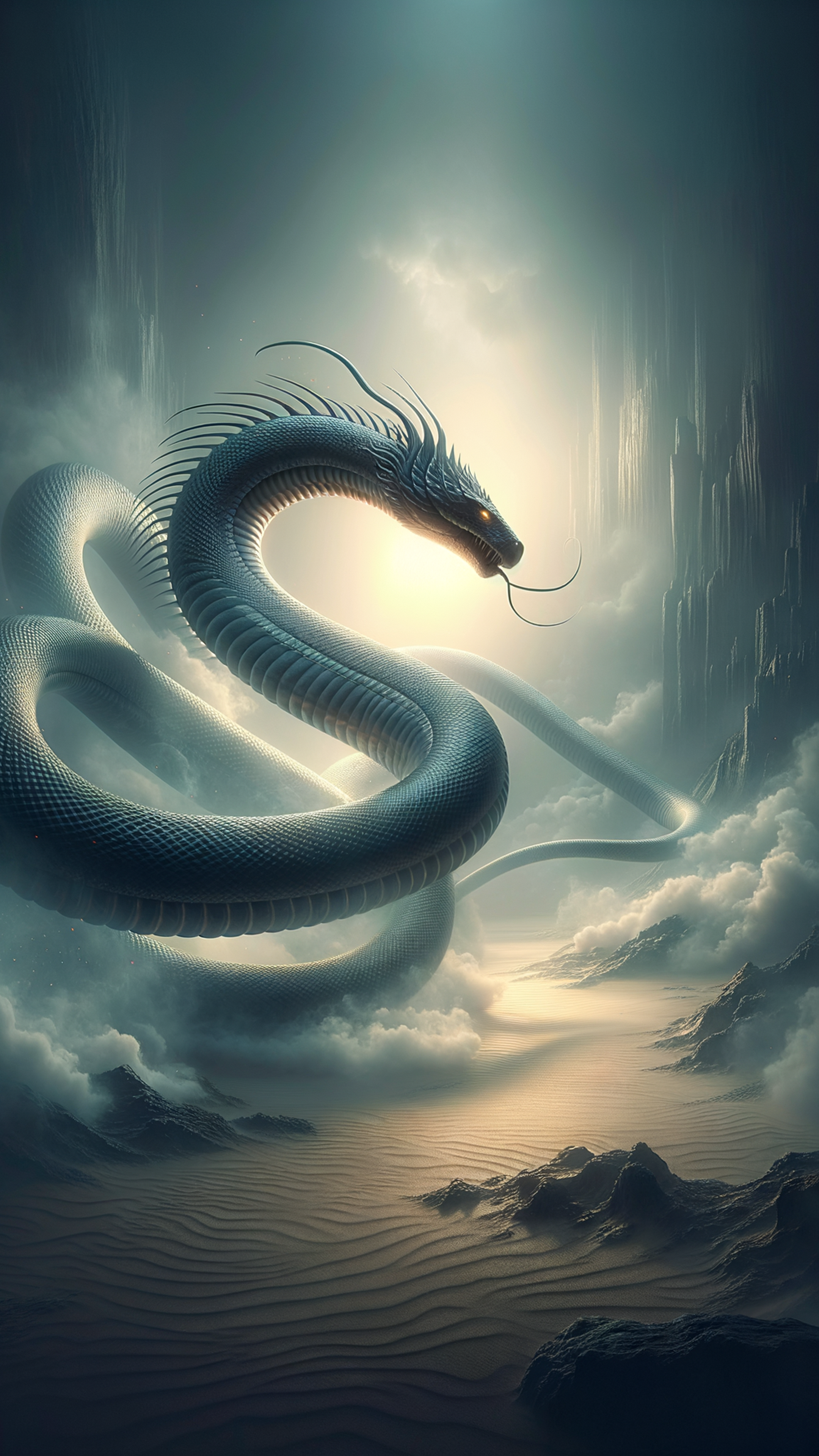 Imagine a mesmerizing fluid dance captured in pixels, where an abstract serpent weaves gracefully through an ethereal tapestry. This serpentine form glides across the screen, its scales shimmering in a gradient of iridescent blues and deep emerald greens, weaving an aesthetic narrative reminiscent of a mythical dreamscape. The background blends subtle hues of midnight black and stardust silver, creating a celestial canvas, perfect for mobile devices. Whether gracing your iPhone lock screen or serving as a desktop backdrop, this serpent wallpaper transforms ordinary moments into a serene journey through fantasy. Its rich tones and fluid movement invite eyes to rest and spirits to wander. Ideal for Android users seeking a moody, entrancing scene, its elegance enhances any digital interface, offering a premium experience that harmonizes technology with the allure of the mystical. Such captivating artistry is a retreat, offering moments of reflection amid the digital hustle.