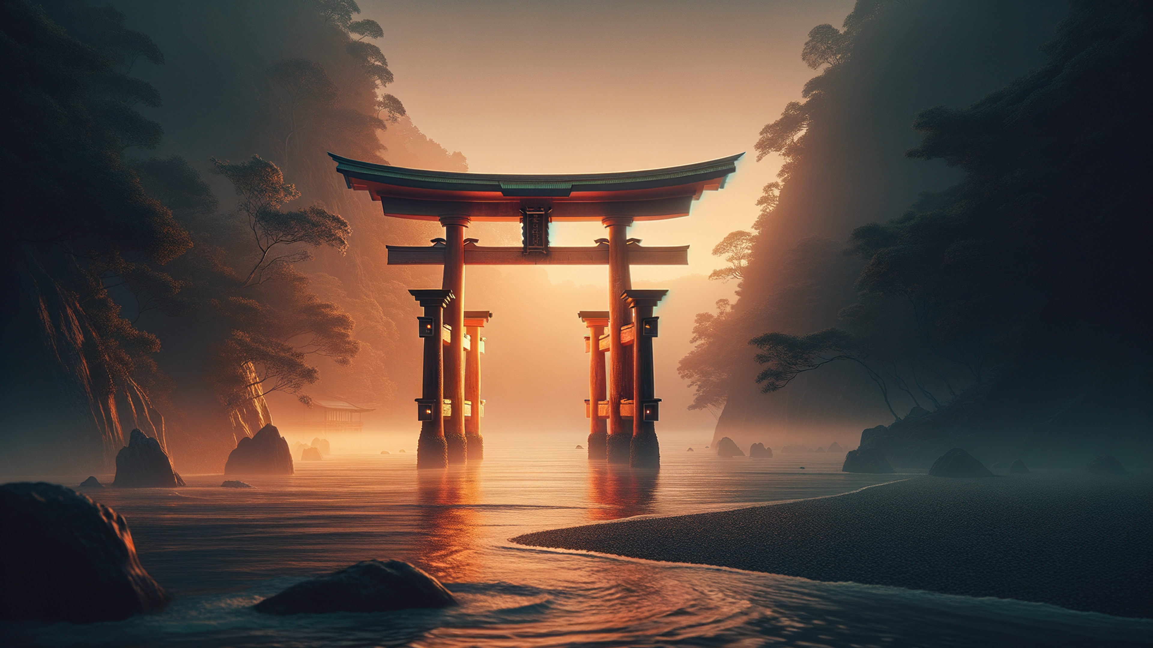An ethereal panorama unfurls, alive with the age-old allure of a torii gate standing sentinel against the susurrus of a gentle breeze. The "Torii Gate Wallpaper" envelops the eye in a lavish tapestry of abstract grace, where shadows dance across the crimson arch, rooted amidst a sea of muted emerald foliage and muted ochre skies. The softly fading horizon, brushed with whispers of twilight, infuses an intimacy steeped in tradition yet exudes a modern, sophisticated aesthetic. Ideal for adorning the canvas of your desktop world, this wallpaper lends an enigmatic charm to your PC lock screen or elevates the ambiance of an Mac desktop background. Its poetic elegance conjures a serene reverie in those yearning to transform their digital experience into a gateway of tranquility and style, serving as a bespoke homage to the harmony between nature and design.
