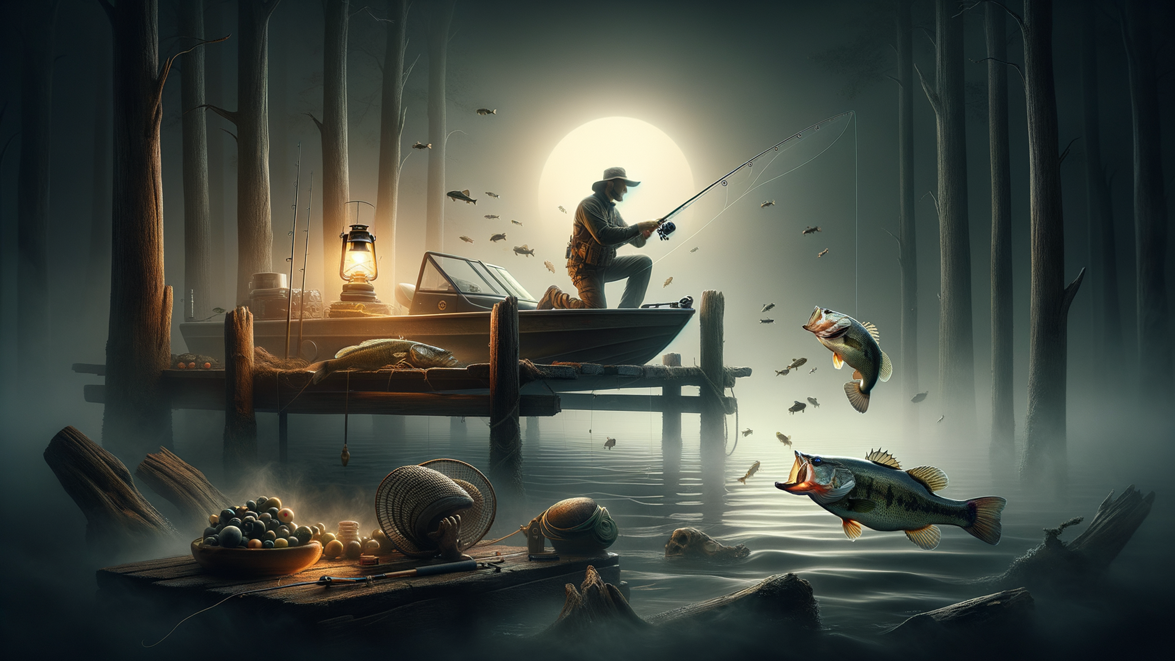 A tranquil symphony unfolds across "Wallpaper Bass Fishing," where nature’s palette gently dances with the reflective glow of dusk. This captivating scene envelopes you in a misty embrace—the silhouetted bass leaping from crystal-clear waters, its glistening scales catching the muted rays of the setting sun. Verdant reeds sway in harmony with the gentle ripples, while distant mountains stand as timeless sentinels under a sky suffused with hues of lavender and gold. Perfect for invoking a sense of serenity on your PC or Mac desktop, this wallpaper transports you to a dreamscape where tranquility is within reach. Ideal for those who cherish the serene allure of nature and the time-honored pursuit of fishing, it invites you to escape into a world where calm reigns supreme. Whether gracing your digital workspace or enriching your personal aesthetic on a mobile lock screen, it captures a moment of contemplative stillness.