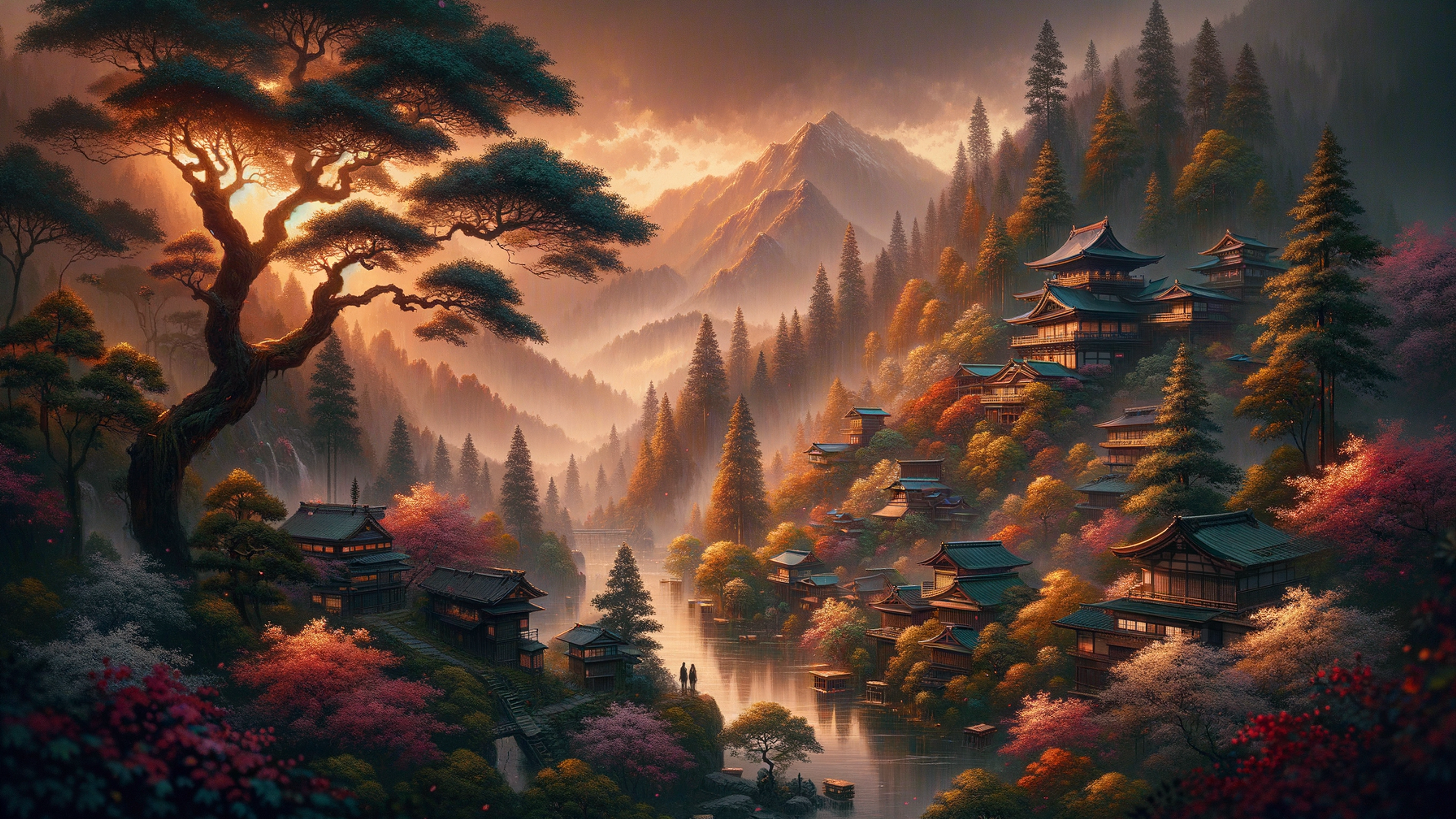In the ethereal tapestry of the "Japan Wallpaper," cherry blossoms unfurl like whispers of pink silk against the inky tapestry of a twilight sky. Mist rolls like an ancient shroud over silent pagodas and a tranquil koi pond, where reflections play like shadowy phantoms in serene waters. In the background, the heartbeat of an urban metropolis pulses, sky lanterns dancing beneath gleaming skyscrapers touched by moonlight. This carefully curated aesthetic masterpiece breathes the essence of Japan into your space, offering an evocative escape from the mundane. Perfect for enveloping your desktop in mystic allure, whether on a PC or Mac, it casts a spell of tranquility over workspaces, captivating those who yearn for a slice of serene beauty. Ideal for adding depth to your digital environment, its sophisticated ambiance beckons to digital nomads and urban dwellers alike, transforming screens into portals of immersive elegance.