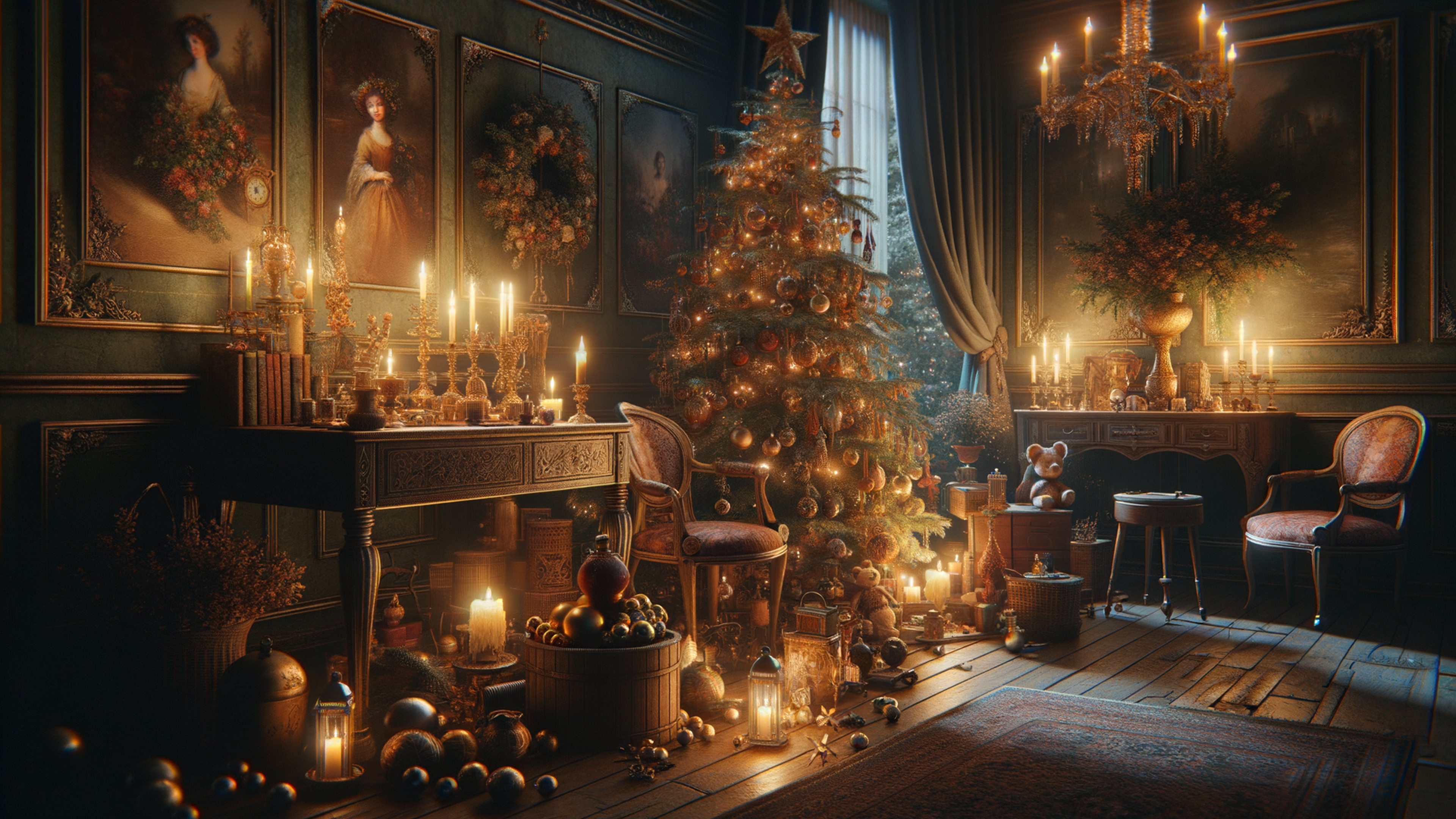 A tapestry of nostalgia unfurls in the form of a vintage Christmas aesthetic wallpaper, where time-honored ornaments shimmer beneath the gentle glow of string lights. The scene evokes a bygone era, with watercolor strokes of muted red and evergreen whispering the secrets of winters past. Snowflakes, delicate as lace, are sprinkled across a background reminiscent of aged parchment, lending an air of mystery and elegance. Perfect for adorning your desktop device—whether PC or Mac—this masterpiece redefines holiday charm with its timeless allure. The intricate details draw you into a cozy yuletide reverie each time you glance at your lock screen, making it an ideal choice for those who embrace the art of vintage elegance. It is equally majestic as a desktop background, casting an intimate, heartwarming glow that transforms digital spaces into enchanted alcoves. This wallpaper elevates the aesthetic experience, offering an exquisite ode to Christmases that live forever in our dreams.