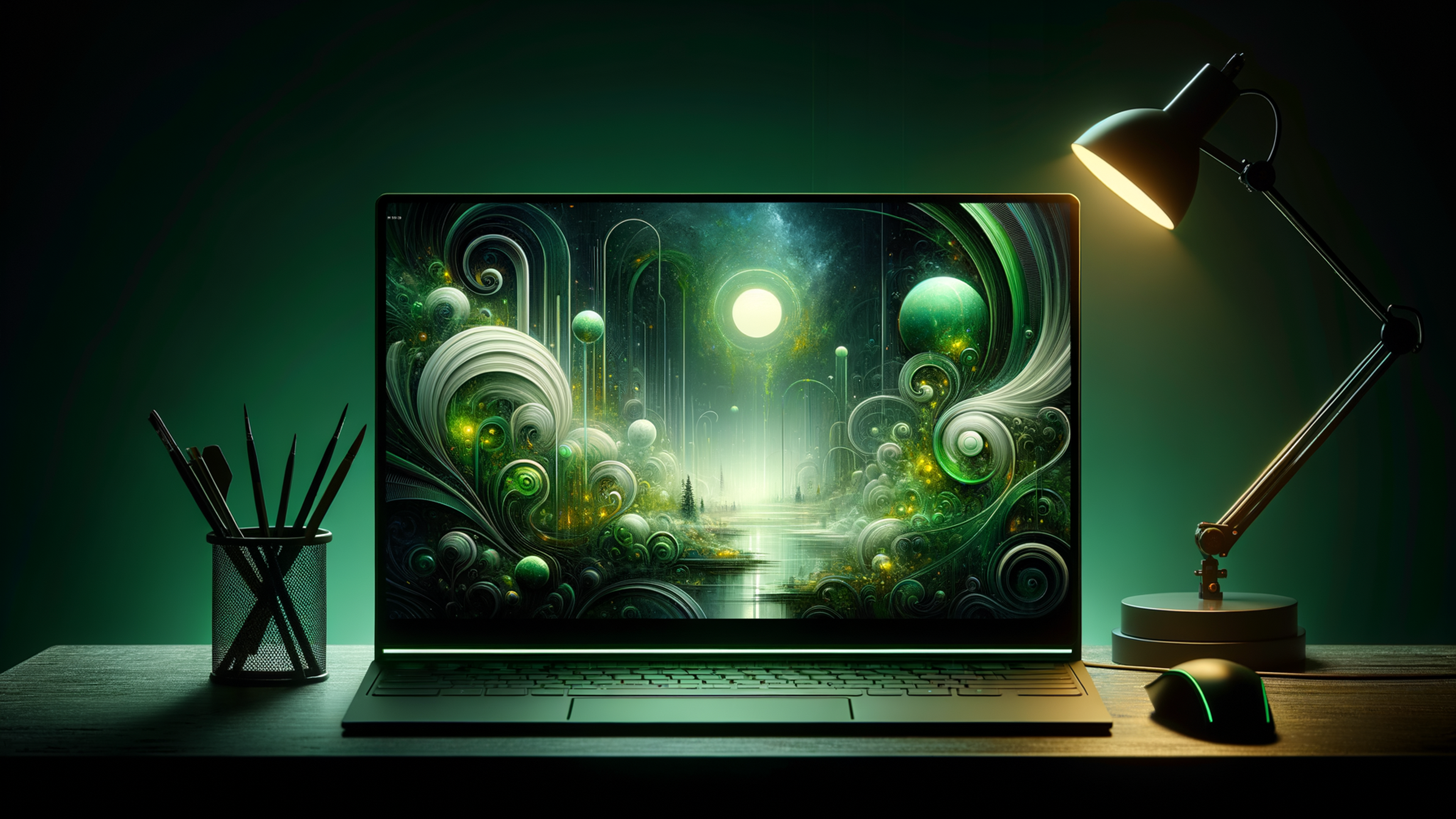 In the realm of abstract artistry, the "Green Chromebook Wallpaper" unfurls like an ethereal tapestry, weaving together hues of emerald and jade in a dance as timeless as the forest's breath. Gentle waves of verdant color cascade and intertwine, creating a harmonious blend that whispers tranquility and depth, inviting the eyes to wander through its lush terrains. This aesthetic masterpiece not only elevates your digital experience but also serves as a conduit for serenity and inspiration. Ideal for gracing your desktop, the wallpaper brings a touch of the natural world to your PC or Mac, infusing your workspace with a sense of calm. Perfect for those seeking an atmospheric backdrop, it breathes life into screens, transforming mundane monitors into portals to a woodland sanctuary. Its rich, green palette envelops your Chromebook's display in a lush embrace, making it a sanctuary for those who cherish beauty and elegance in their digital realms.