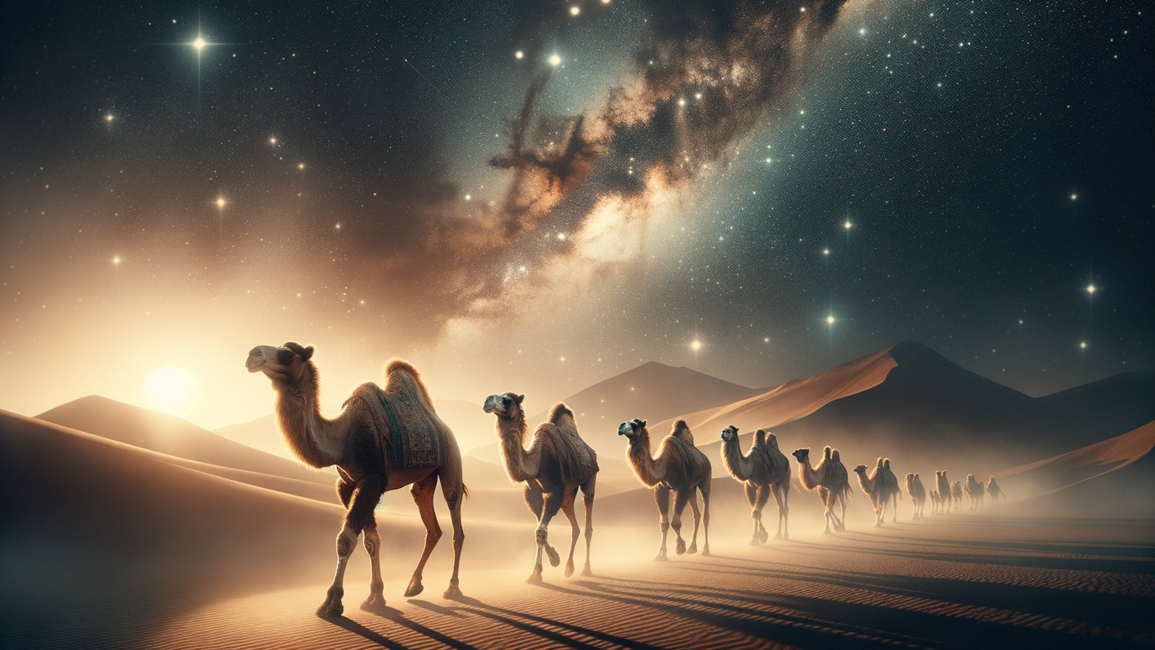 Bathed in the gilded glow of a setting sun, the "Camel Wallpaper" captures a serene tableau where majestic camels traverse the undulating dunes, their silhouettes etched against the fading twilight. The soft, tawny hues dance in harmony with the desert's coquettish shadows, crafting an atmosphere that's both tranquil and mysteriously captivating. Delicate grains of sand appear to shift and shimmer, evoking a tactile depth that breathes life into this exquisite work of art. Ideal for bringing a moody aesthetic to your iPhone lock screen or lending an air of sophistication to your Android mobile backdrop, this wallpaper invites you to lose yourself in a reverie of nature's grandeur. Perfect for users who seek to infuse their devices with a touch of elegance, it transforms your desktop background into a visual oasis, seamlessly marrying functionality with the dreamy poetry of the desert.